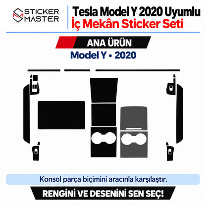 Tesla Model Y 2020 iç mekân sticker seti ince ön göğüs şeritleri, panel, farklı konsol biçimleri, bardaklık ve kapı kumanda çevresi parça şeması