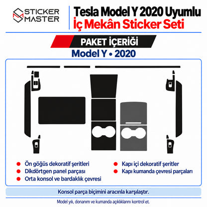 Tesla Model Y 2020 iç mekân sticker setinin ön göğüs, panel, konsol, bardaklık ve kapı içi parça gruplarıyla açıklanmış paket içeriği