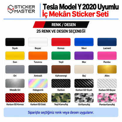 Tesla Model Y 2020 iç mekân sticker seti için 25 renk ve desen seçeneği