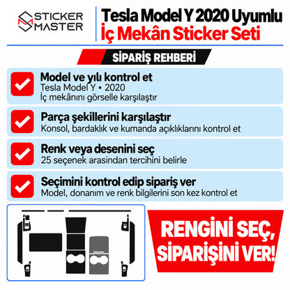 Tesla Model Y 2020 iç mekân sticker seti model, konsol biçimi, kumanda açıklıkları ve renk seçimi içeren numarasız sipariş rehberi