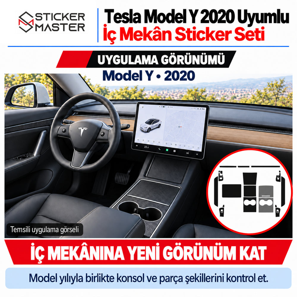Tesla Model Y 2020 kapaklı orta konsol, bardaklık ve dar iç trim yüzeylerinde karbon desenli temsili sticker uygulaması