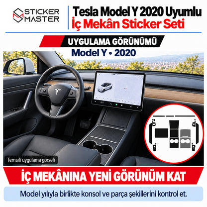 Tesla Model Y 2020 kapaklı orta konsol, bardaklık ve dar iç trim yüzeylerinde karbon desenli temsili sticker uygulaması