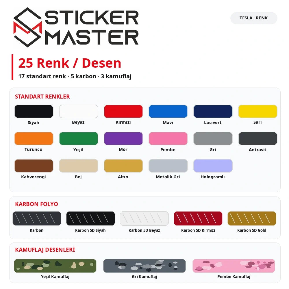 Tesla kapı direği folyo sticker 25 renk desen 17 standart 5 karbon 3 kamuflaj
