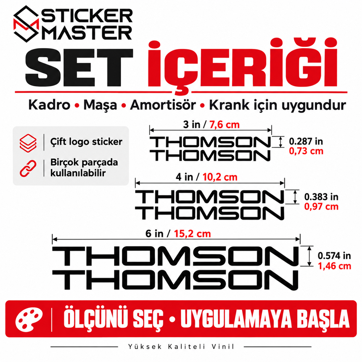 Thomson bisiklet sticker seti ölçü rehberi cm ve inç