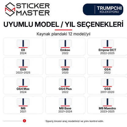 Trumpchi kaynak listesine göre 12 model ve yıl seçeneği