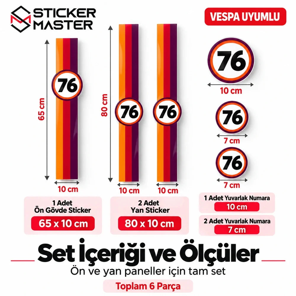 Vespa uyumlu yuvarlak numara sticker seti 6 parça ölçüler 65×10 ve 80×10 cm