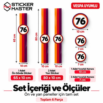 Vespa uyumlu yuvarlak numara sticker seti 6 parça ölçüler 65×10 ve 80×10 cm