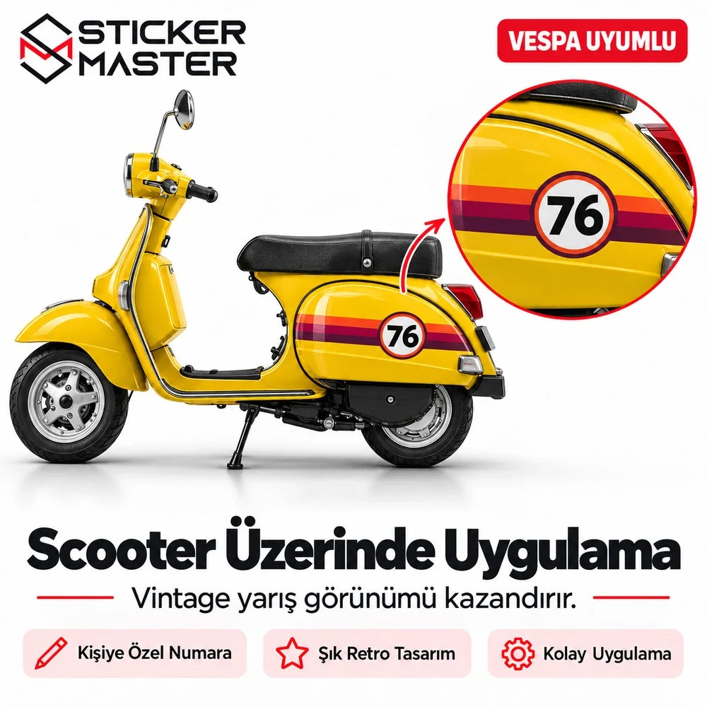 Vespa uyumlu 76 numara sticker şeritleri sarı scooter yan uygulama görseli