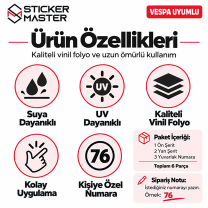 Vespa uyumlu sticker seti suya ve UV'ye dayanıklı vinil folyo özellikleri