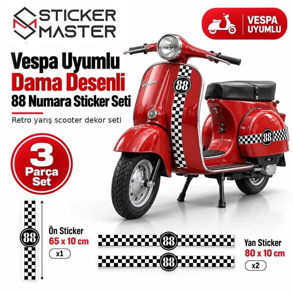 Vespa uyumlu dama desenli 88 numara 3 parça sticker seti ana görsel