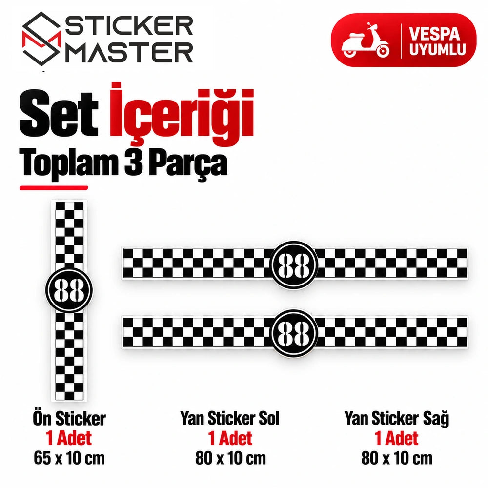 Vespa dama desenli 88 numara sticker seti ön şerit 65×10 ve iki yan şerit 80×10 cm set içeriği