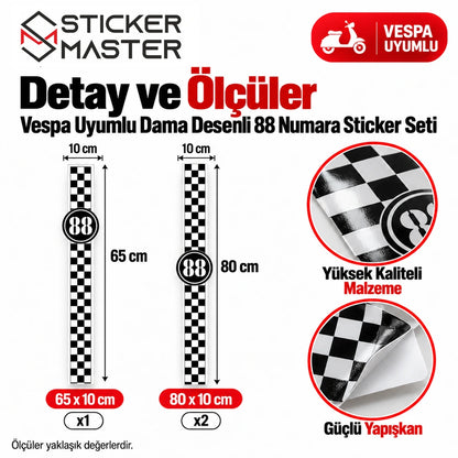 Vespa uyumlu 88 numara damalı şerit sticker ölçüleri ve malzeme detayları