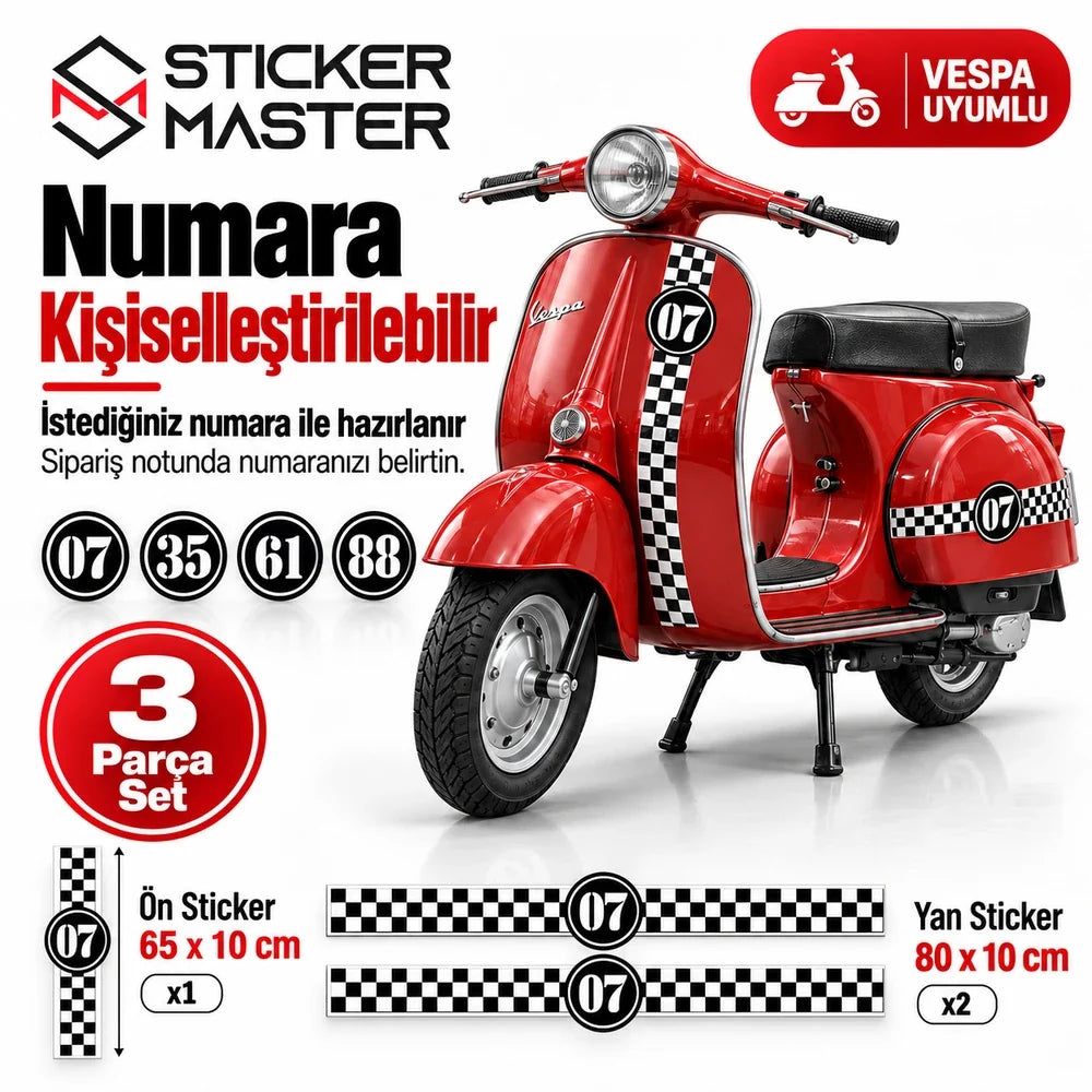 Vespa uyumlu dama desenli 3 parça sticker seti kişiye özel numara seçenekleri 07 35 61 88