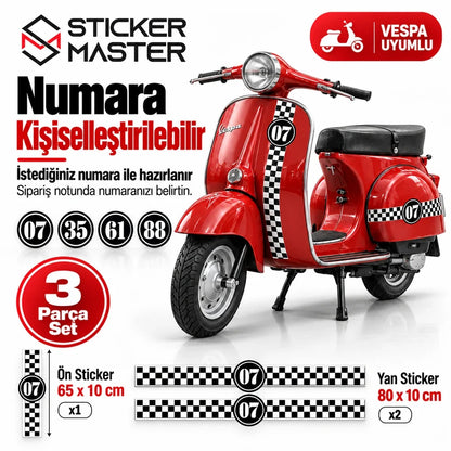 Vespa uyumlu dama desenli 3 parça sticker seti kişiye özel numara seçenekleri 07 35 61 88