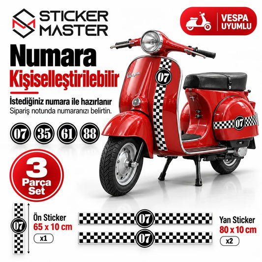 Vespa uyumlu dama desenli 3 parça sticker seti kişiye özel numara seçenekleri 07 35 61 88
