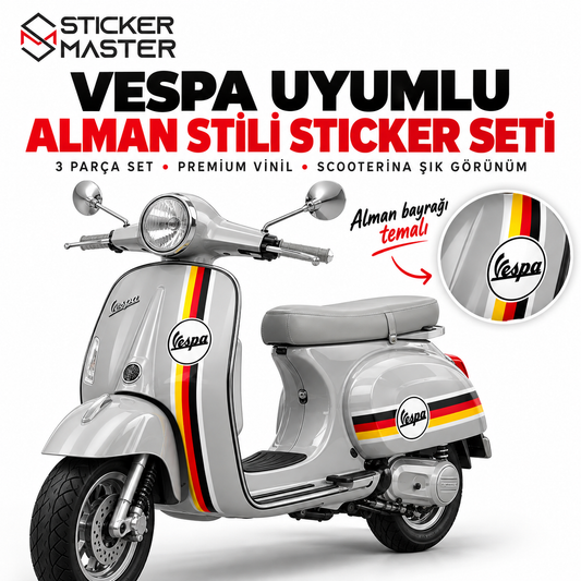 Vespa uyumlu Alman stili 3 parça scooter sticker seti ana görsel