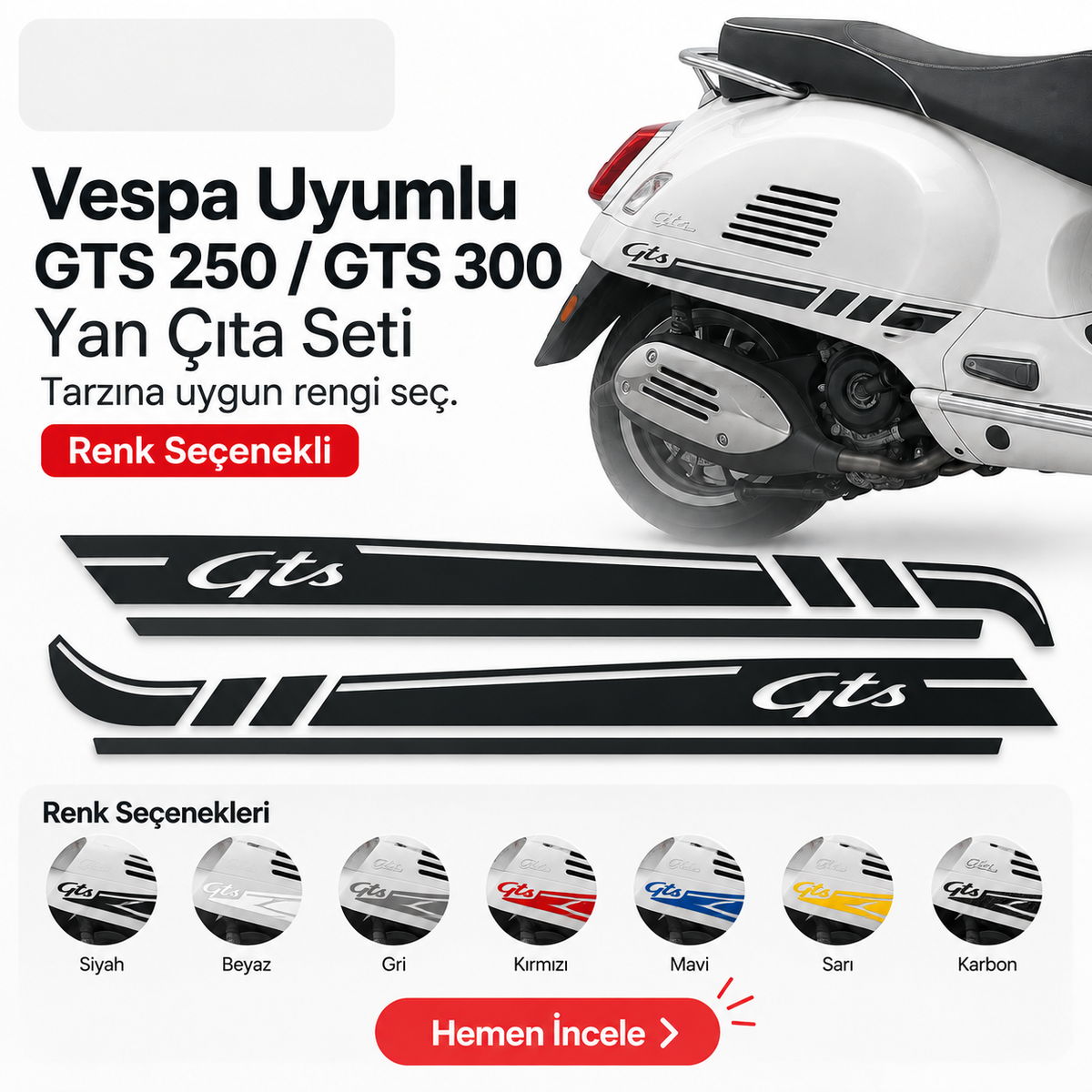 Vespa uyumlu GTS 250 GTS 300 yan çıta seti renk seçenekleri - Sticker Master