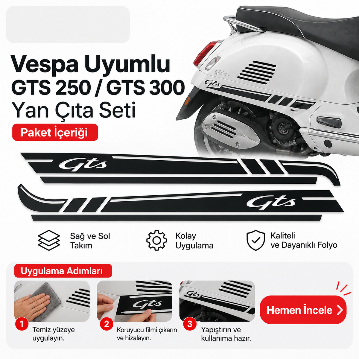 Vespa uyumlu GTS 250 GTS 300 yan çıta seti paket içeriği ve uygulama - Sticker Master