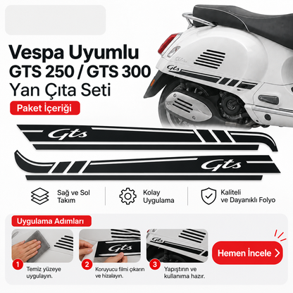 Vespa uyumlu GTS 250 GTS 300 yan çıta seti paket içeriği ve uygulama - Sticker Master