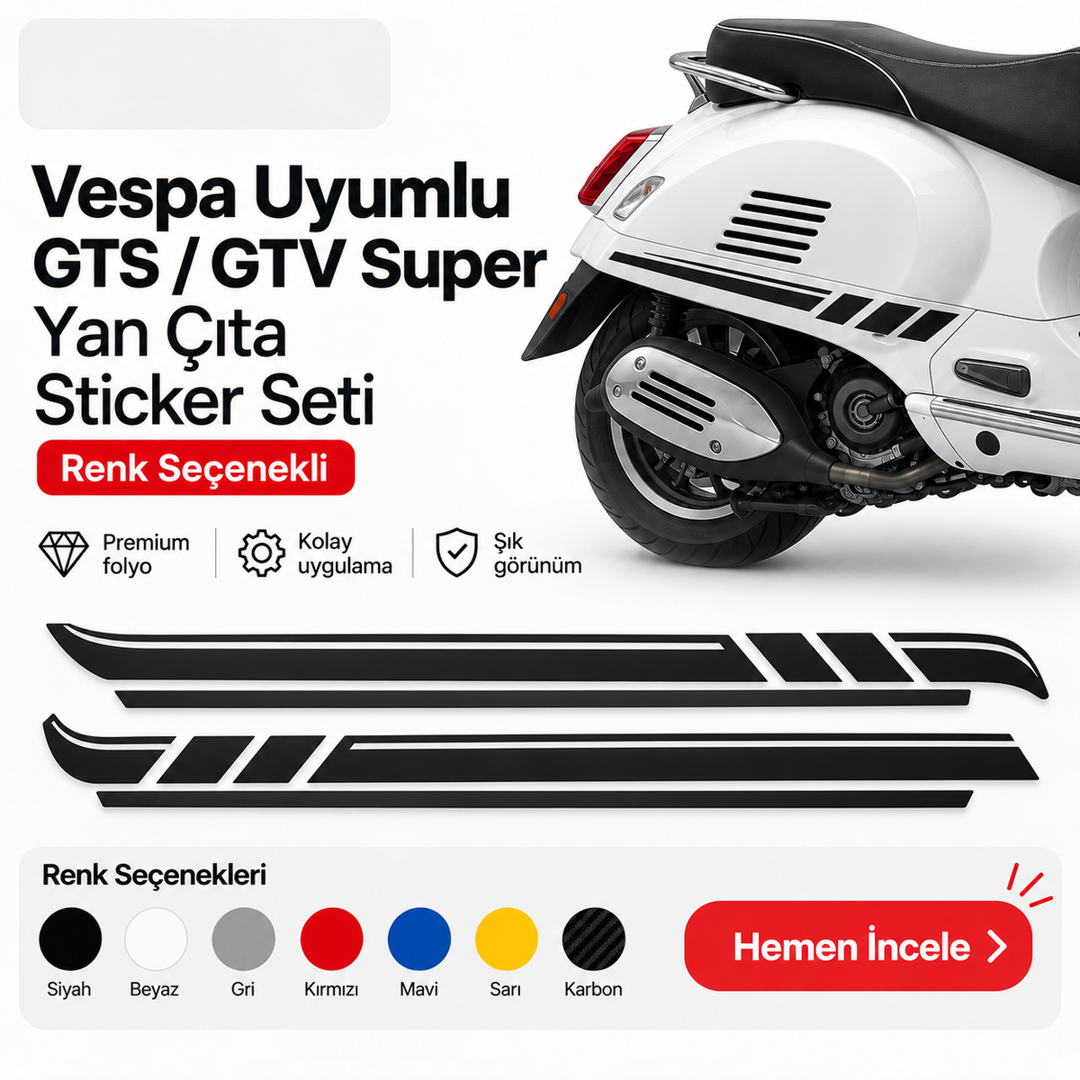 Vespa uyumlu GTS GTV Super yan çıta sticker seti ana ürün görseli - Sticker Master