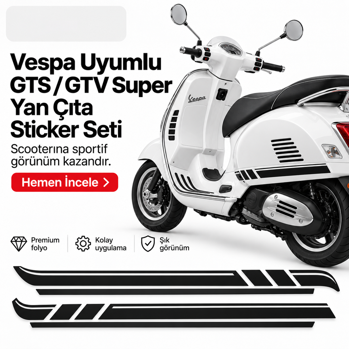 Vespa uyumlu GTS GTV Super yan çıta sticker seti scooter üzerinde uygulama görseli - Sticker Master