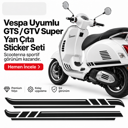 Vespa uyumlu GTS GTV Super yan çıta sticker seti scooter üzerinde uygulama görseli - Sticker Master