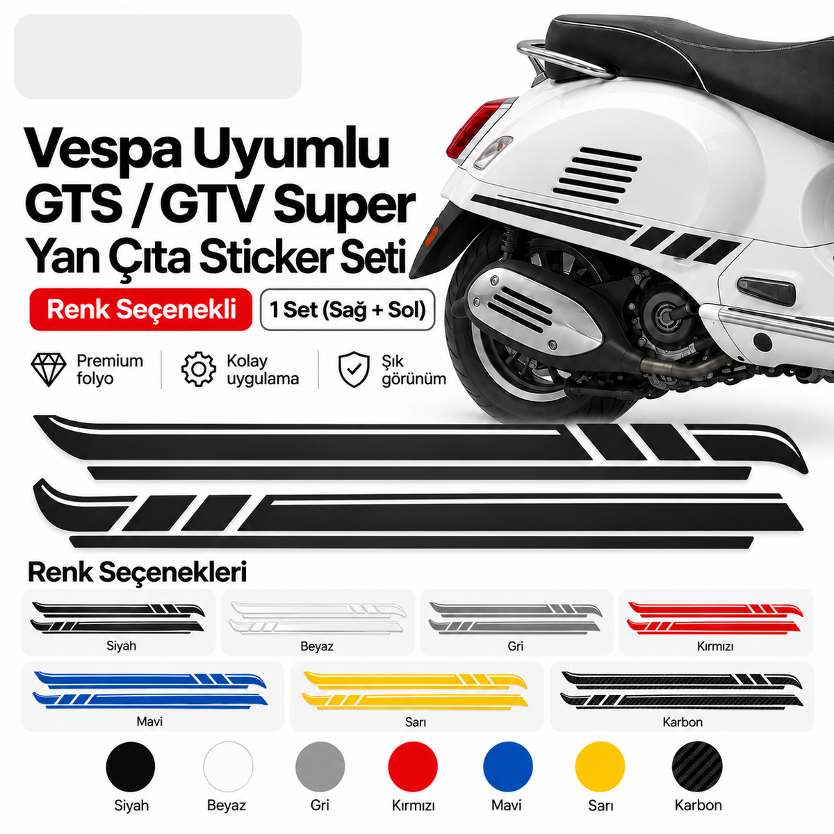 Vespa uyumlu GTS GTV Super yan çıta sticker seti renk seçenekleri - Sticker Master