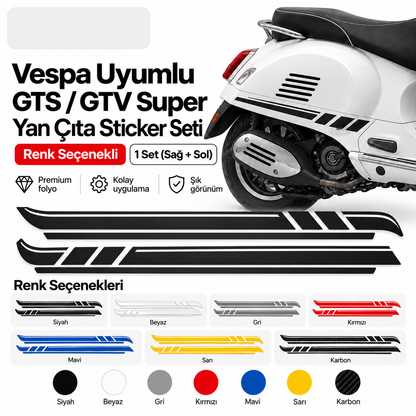 Vespa uyumlu GTS GTV Super yan çıta sticker seti renk seçenekleri - Sticker Master