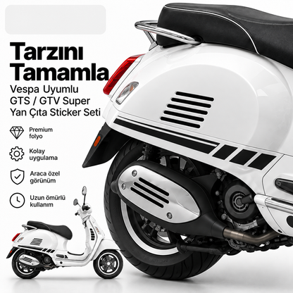 Vespa uyumlu GTS GTV Super yan çıta sticker seti premium folyo ve şık görünüm - Sticker Master