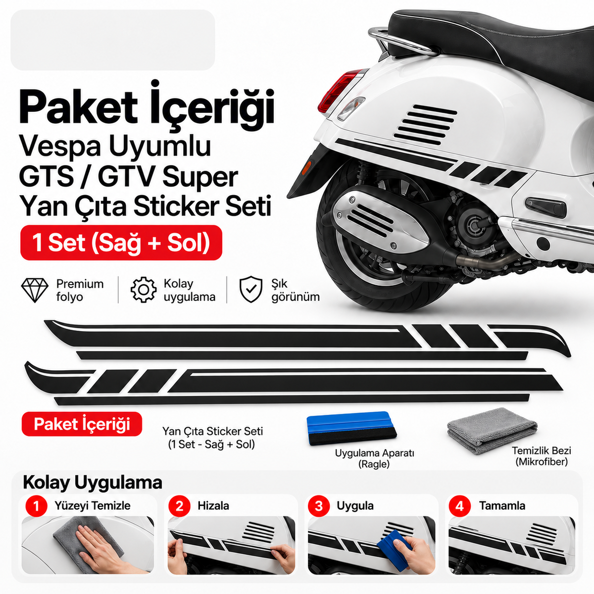 Vespa uyumlu GTS GTV Super yan çıta sticker seti paket içeriği ve uygulama - Sticker Master