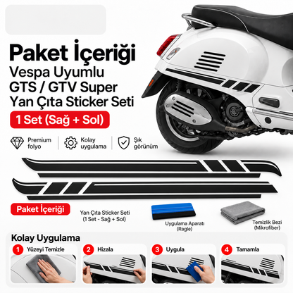 Vespa uyumlu GTS GTV Super yan çıta sticker seti paket içeriği ve uygulama - Sticker Master