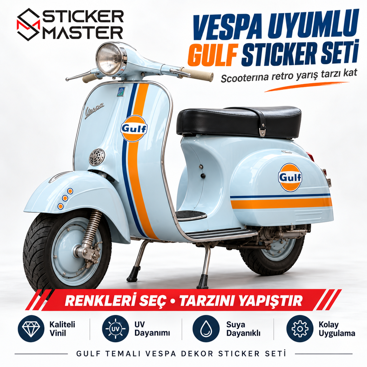 Vespa uyumlu Gulf temalı scooter sticker seti ana görsel