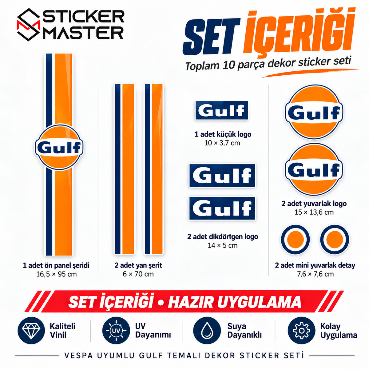 Vespa uyumlu Gulf temalı 10 parça sticker set içeriği
