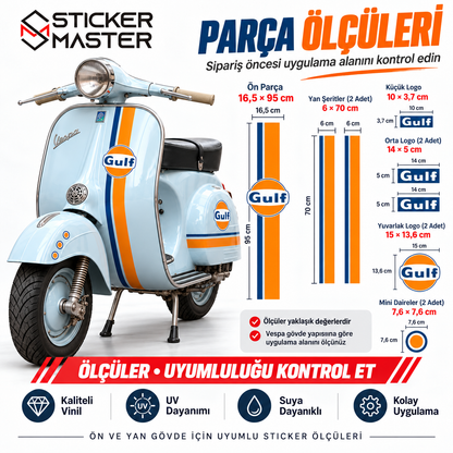 Vespa uyumlu Gulf sticker seti parça ölçüleri