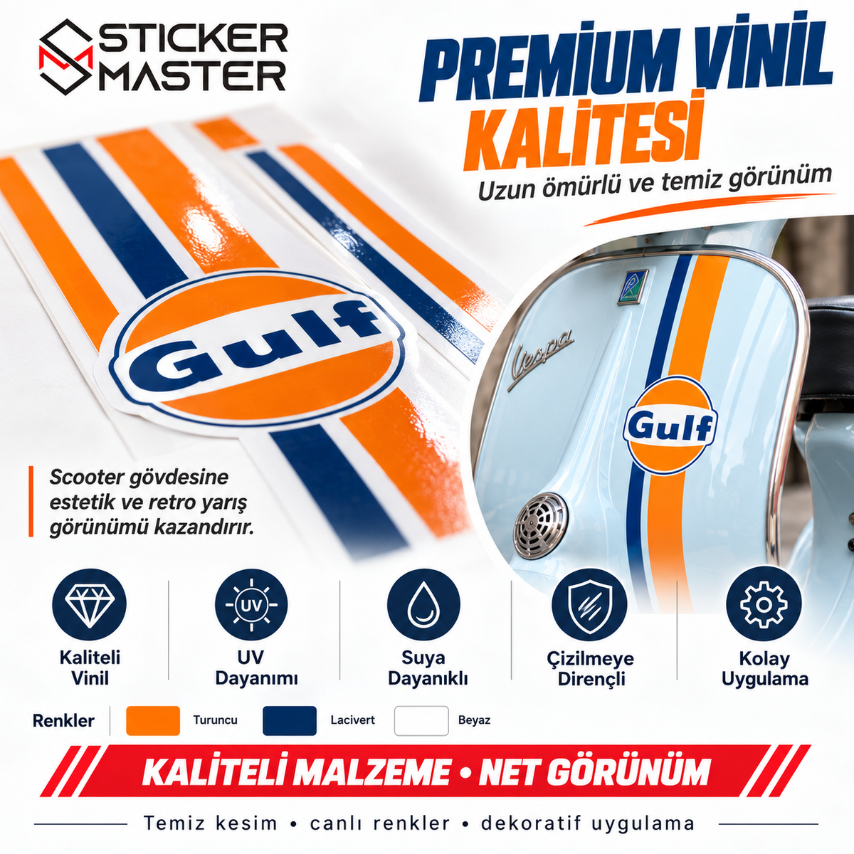 Vespa uyumlu Gulf temalı premium vinil sticker özellikleri