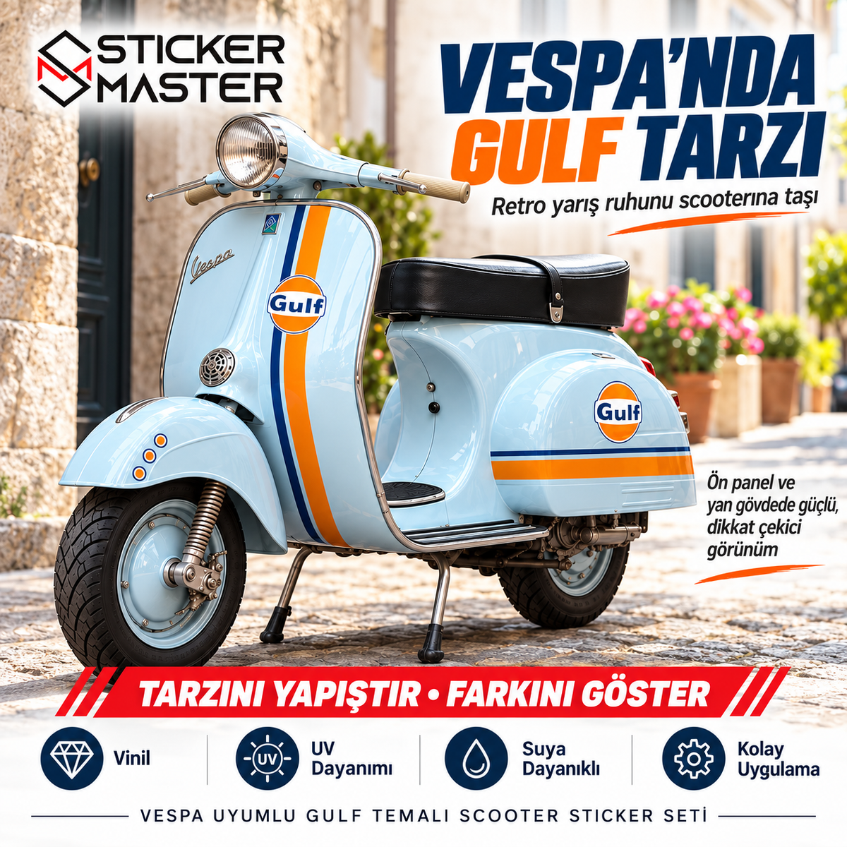 Vespa uyumlu Gulf temalı scooter sticker uygulama görünümü