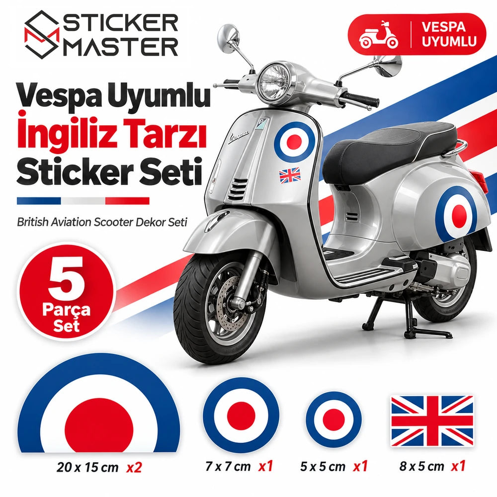 Vespa uyumlu İngiliz tarzı British Aviation 5 parça sticker seti ana görsel