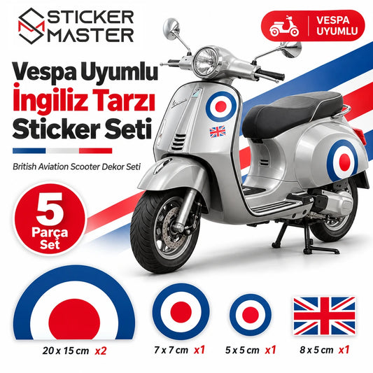 Vespa uyumlu İngiliz tarzı British Aviation 5 parça sticker seti ana görsel