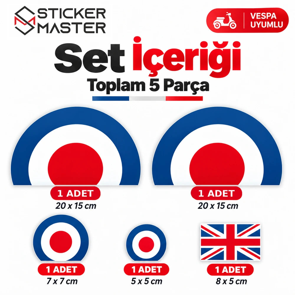 Vespa İngiliz tarzı sticker seti 5 parça içerik 20x15 7x7 5x5 ve 8x5 cm