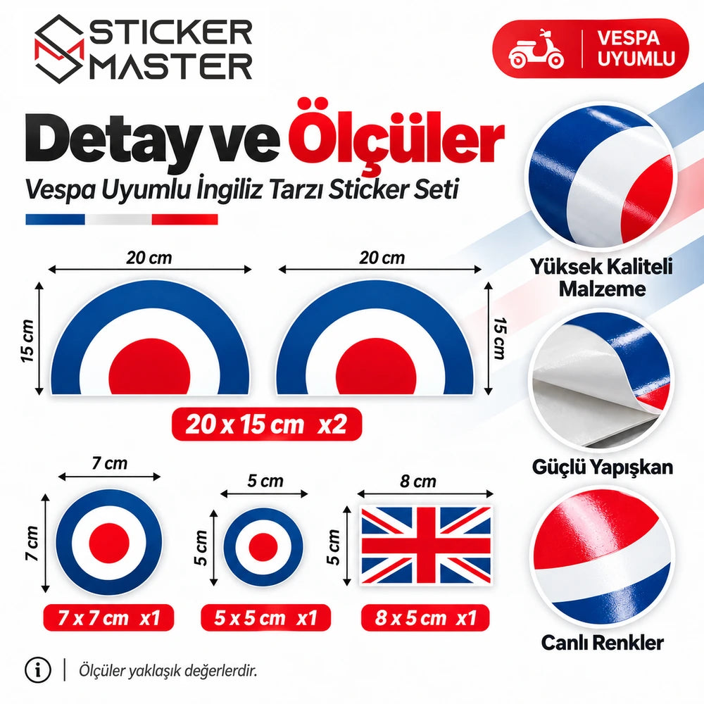 Vespa İngiliz tarzı scooter çıkartma seti detaylar ve ölçüler