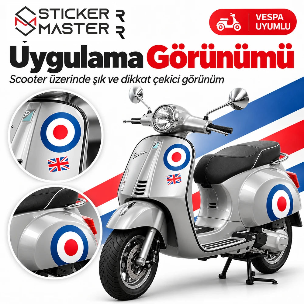 Vespa uyumlu İngiliz tarzı yuvarlak ve Union Jack sticker uygulama görünümü