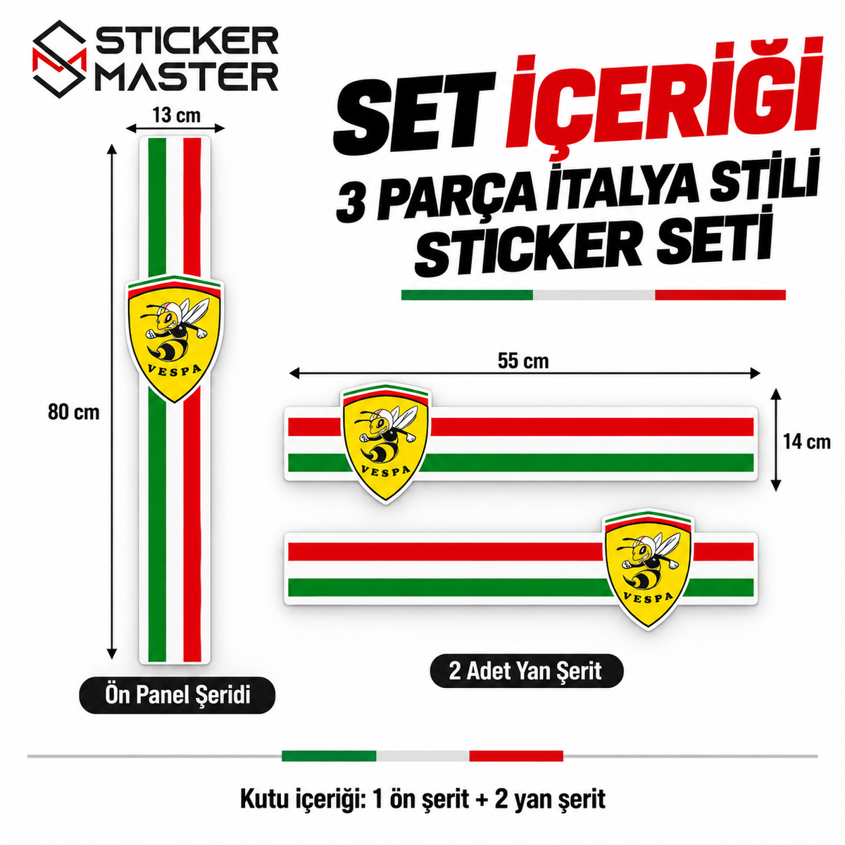 Vespa uyumlu İtalya stili 3 parça sticker set içeriği