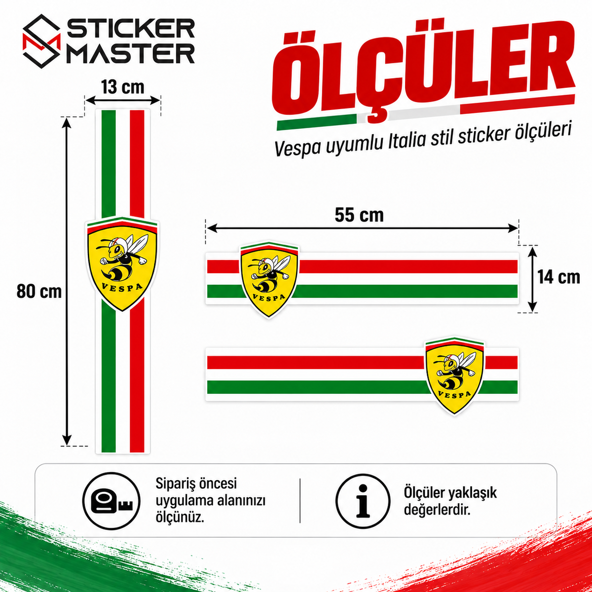 Vespa uyumlu İtalya stili sticker ölçüleri 80x13 cm ve 55x14 cm