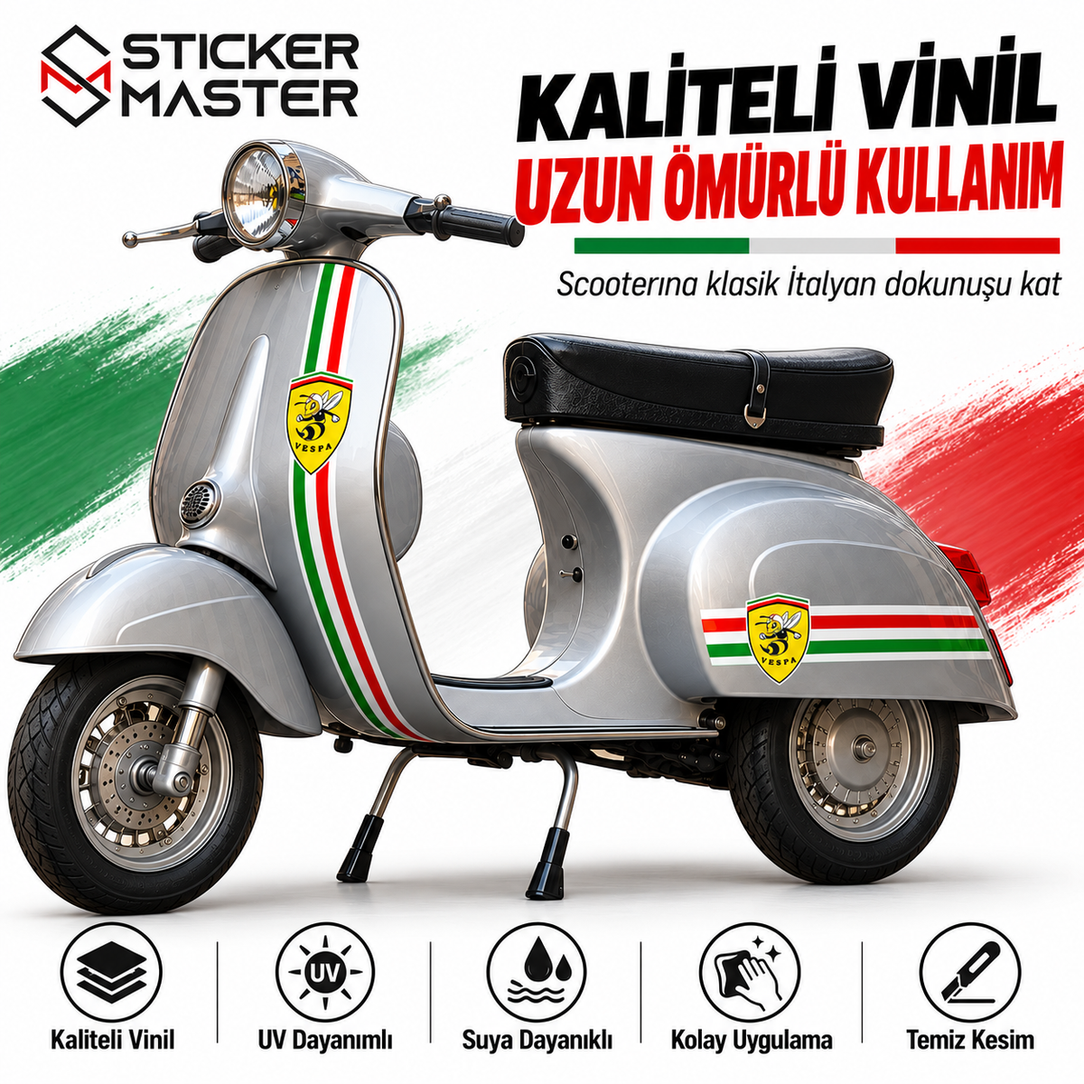 Vespa uyumlu İtalya stili premium vinil sticker özellikleri