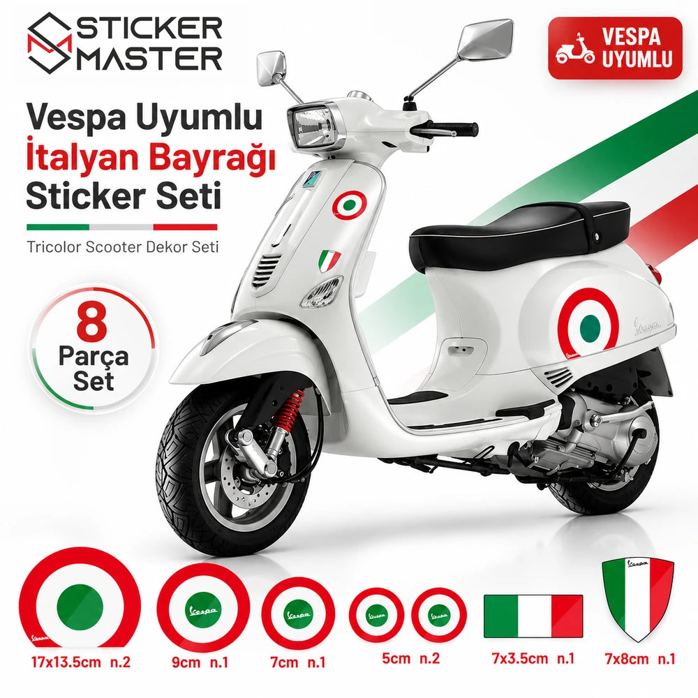 Vespa uyumlu İtalyan bayrağı 8 parça sticker seti ana görsel