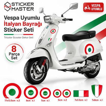 Vespa uyumlu İtalyan bayrağı 8 parça sticker seti ana görsel