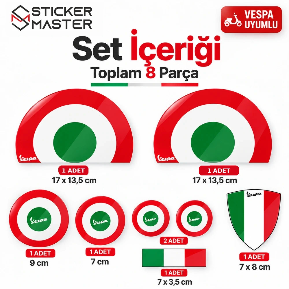 Vespa uyumlu İtalyan tricolor sticker seti 8 parça paket içeriği