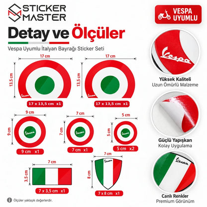Vespa İtalyan bayrağı sticker seti 17x13,5 ve diğer parça ölçüleri