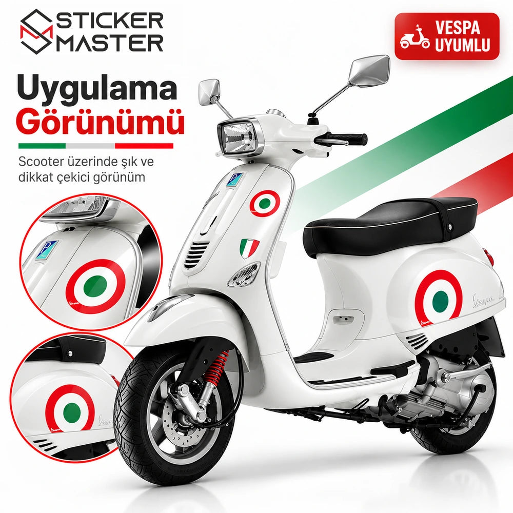 Vespa uyumlu İtalya temalı scooter sticker seti uygulama görünümü