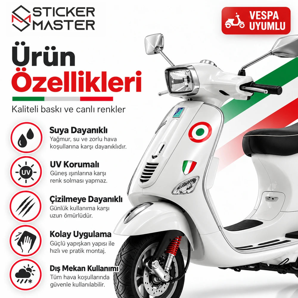 Vespa İtalyan bayrağı sticker seti su UV ve çizilme dayanıklılığı